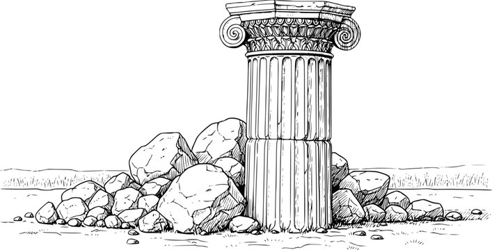Ancient Ionic column fragment with weathered stones and grassy ground in a detailed line