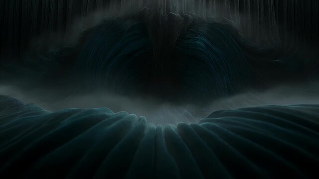 Dark, flowing, pleated texture with ethereal light and a central dark void