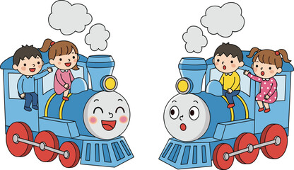 Happy kids riding cartoon train illustration, children enjoying toy locomotive ride, playful childhood transportation activity colorful vector design © Nazmin