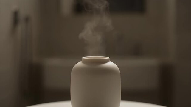 A minimalist beige diffuser emits a soft plume of steam in a softly lit room