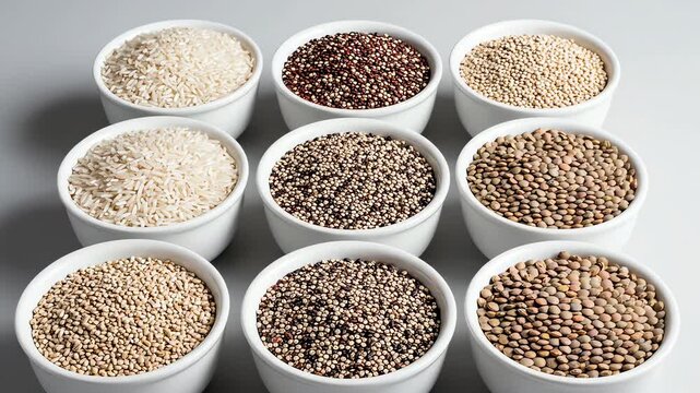 Assortment of Grains and Rice in Small Bowls