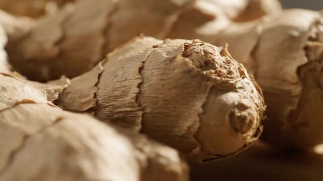 Close-up of fresh ginger roots, showing their textured skin and natural earthy tones, ready for culinary use.