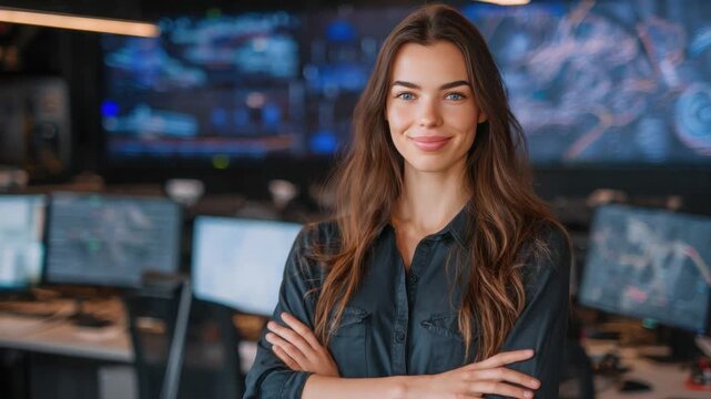 Confident Woman in Tech Environment: A poised woman with a serene expression exudes confidence within a modern tech-focused environment.