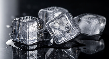 Close-up view of shimmering ice cubes on a dark reflective surface, highlighting their crystalline structure and coldness