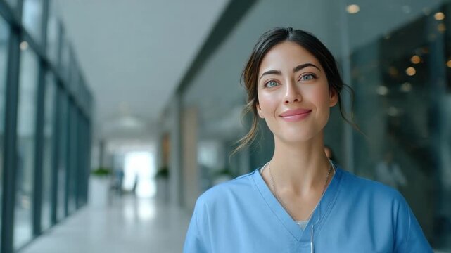 Smiling Healthcare Professional: A radiant healthcare worker strides confidently down a hospital corridor, her serene smile and calm demeanor embodying the essence of care and compassion.