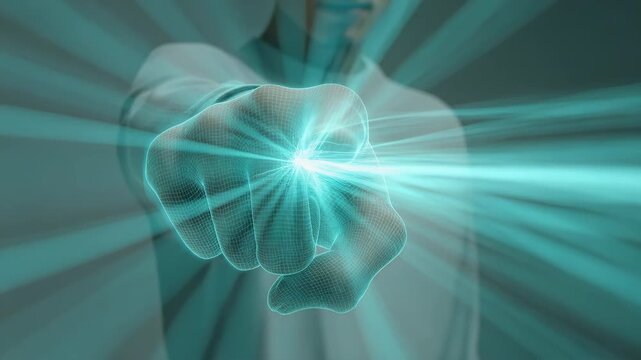Hand emits glowing blue rays forward. Fingers pulse with digital energy. Person presses interface with focus. Ideal for tech, innovation, or futuristic themes. Light radiates from touch point