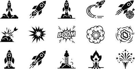 Collection of black and white rocket ship icons and explosive effects © MSTSALINA