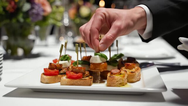 Chef Arranging Bite-Size Appetizers on White Plate at Event