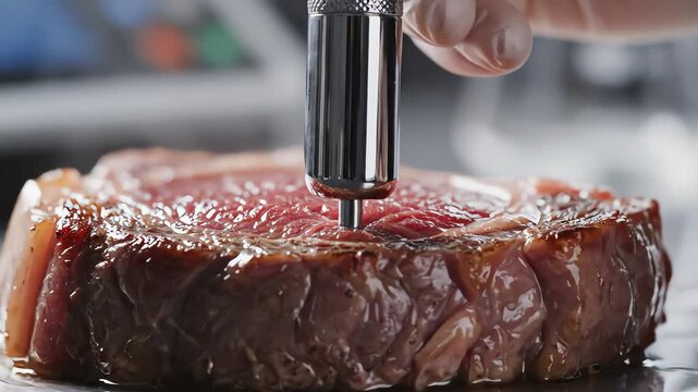 Chef Uses Thermometer Probe to Measure Steak Temperature