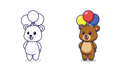 Fototapeta premium Cute bear holding balloons cartoon coloring pages for kids