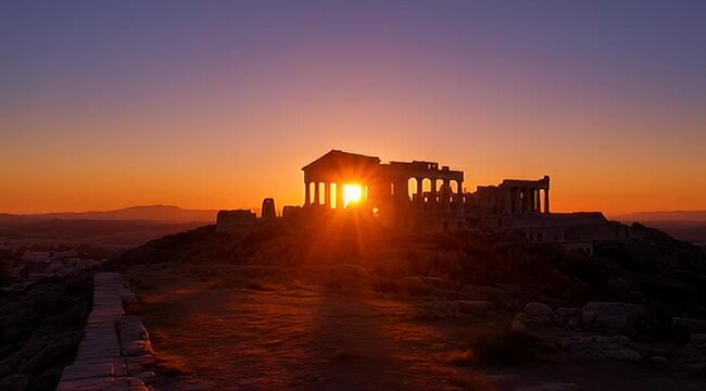 A majestic sunburst illuminates the Acropolis ruins atop a hill at sunset