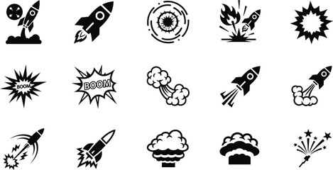 Collection of black and white rocket and explosion icons © MSTSALINA