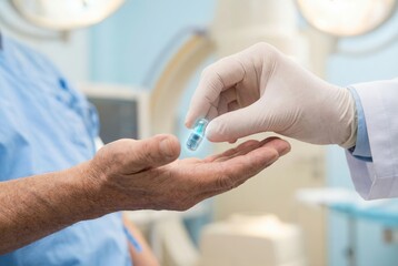 Doctor providing innovative futuristic medical capsule to elderly patient during hospital consultation, healthcare professional delivering advanced pharmaceutical therapy as senior receives digital tr