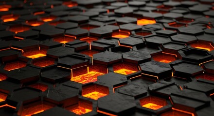 Obraz premium Glowing orange hexagonal pattern on dark background