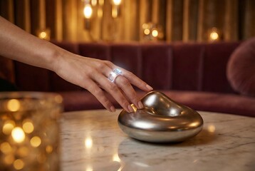 Woman using futuristic smart ring wearable device to control modern digital interface on elegant marble table, female hand interacting with advanced technology gadget