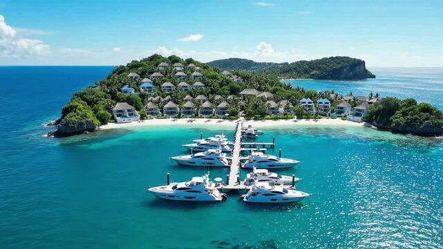 A breathtaking aerial view of a luxurious tropical island resort, featuring elegant hillside villas, a pristine white sand beach, and a bustling marina with numerous gleaming white yachts moored in cr