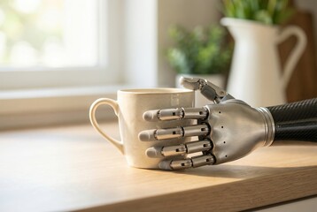 Assistive technology prosthetic robotic hand holding ceramic coffee mug on kitchen countertop, advanced bionic limb demonstrating independent living, lifestyle concept in home interior, copy space