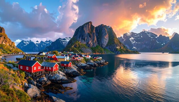 Picturesque Lofoten Islands Village at Sunset - A Norwegian Dream.