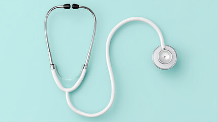 Medical stethoscope on light blue background, top view flat lay healthcare concept