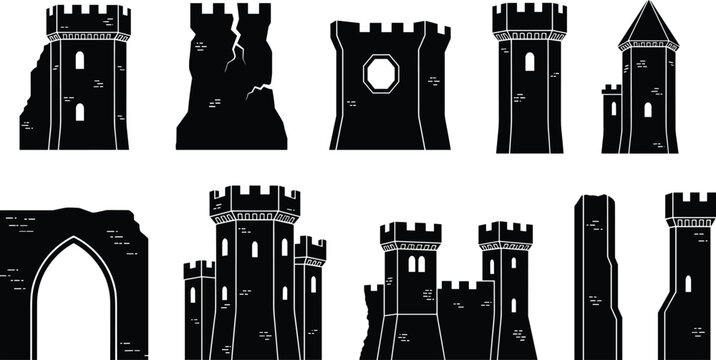 Black silhouette collection of medieval castle towers, fortress walls, ruined gate, and fantasy citadel buildings isolated on a white background for design.