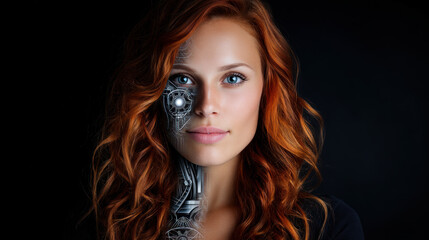 Naklejka premium Portrait of a woman with red hair with a half robot face. Artificial Intelligence, Futuristic Digital Technology, Metaverse of Digital Intelligent World