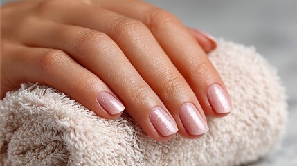 Naklejka premium Woman hands with pale manicure resting on white towel in spa salon. Nail care, beauty treatment, self care, wellness routine.