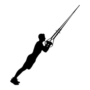 Man doing TRX workout, fitness exercise, athletic silhouette, vector illustration