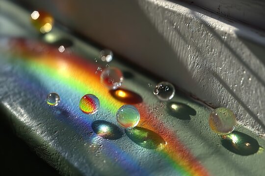 Prism casting faint binary code rainbows on grey, luminous spheres suspended, macro photo