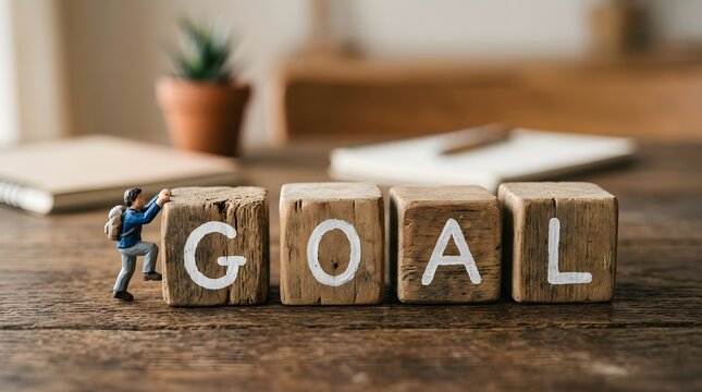 A miniature figurine pushing a wooden block with the word 'GOAL' on a desk with office supplies