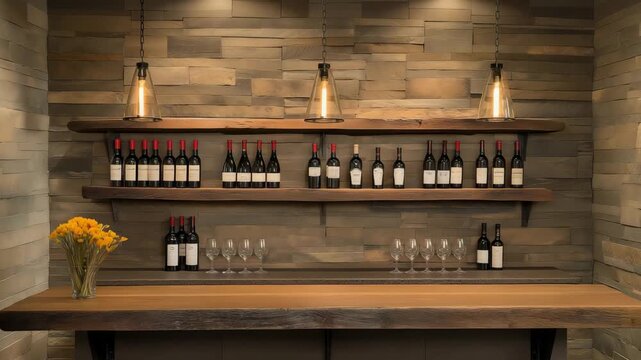 A bar features rows of wine bottles on shelves, with glasses and a vase of flowers positioned on the counter