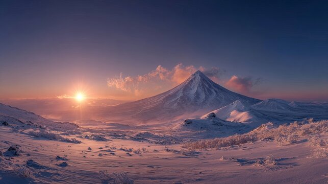 Morning sun lights up Vilyuchinsky Volcano on the Kamchatka Peninsula in Russia.