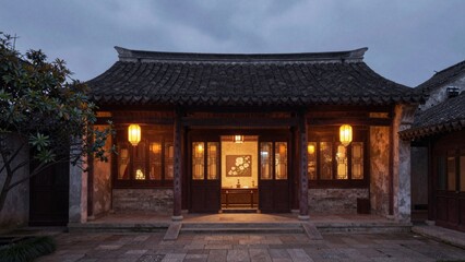 Naklejka premium Entrance traditional korean house dusk two-story structure curved roof made dark tiled tiles wooden beams supporting flanked large