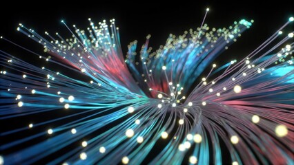 Fototapeta premium Optical fibers emitting colorful light in dark background.