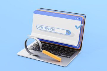 Online job search concept with laptop screen, magnifying glass, and search bar illustration on light blue background.. 3D Rendering