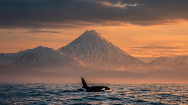 Killer whale swims near Petropavlovsk Kamchatsky volcanoes during sunrise. This photo captures the beauty of the Kamchatka Peninsula in Russia.