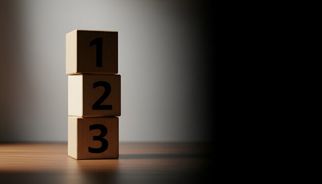 Stacked Wooden Blocks with Numbers 1-3 on Wooden Surface &ndash; Light-to-Dark Contrast, Three-Block Concept

