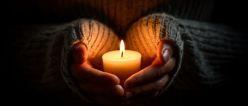 Hands holding a lit candle, warm glow, cozy atmosphere, soft light, winter season, comfort, relaxation, knitted sweater, intimate setting, peaceful moment.