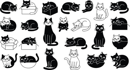Cute black and white cats collection, playful kitten poses set, adorable cartoon pets, minimalist flat vector illustration bundle