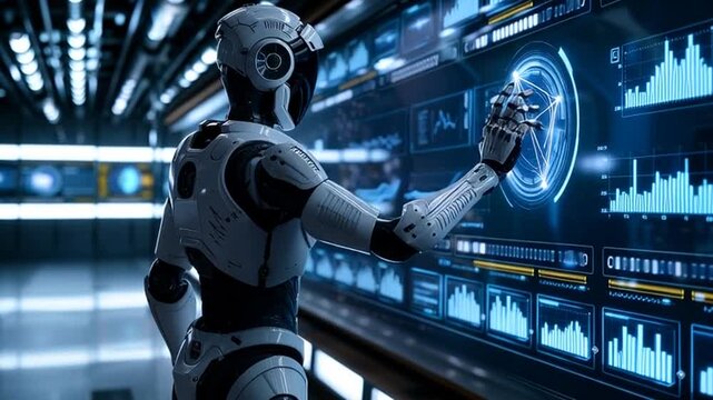 Robot interacting with futuristic control panel in high-tech facility, high-angle view, File Ref: 1234