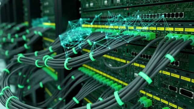 Server room with organized cables connected to circuit boards and networking equipment.