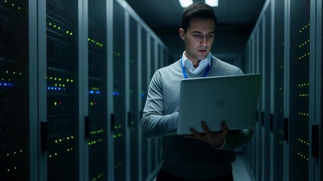Technician working on laptop in server room with rows of computer equipment.