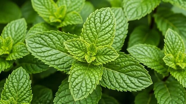 Fresh mint leaves grow in a lush green garden with sunlight.