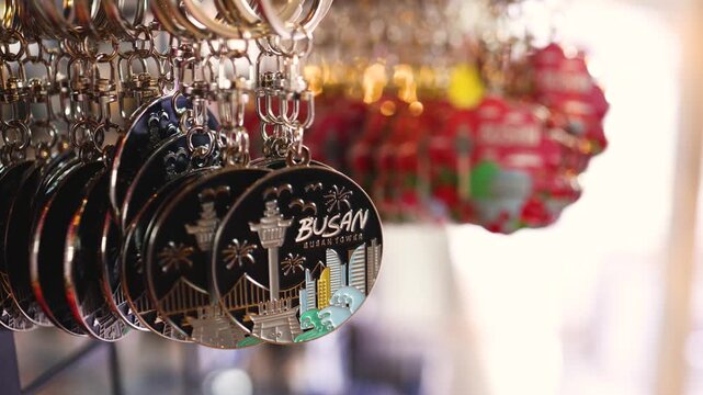 Tourist gifts and Korean souvenirs from Busan, South Korea,  toys and figurines, fridge magnets and key ring keychain, key fobs and postcards with symbols of Busan in a local gift vendor shop market