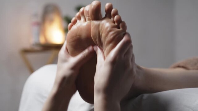 Female hands gently massage the soles of a person's feet in a serene indoor setting with soft lighting and a calming atmosphere