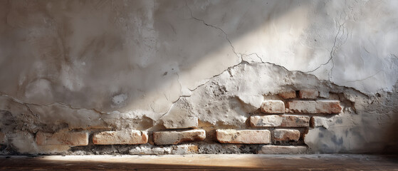 Fototapeta premium Old, cracked wall with peeling paint and exposed bricks, showcasing texture and decay in an urban environment. Light illuminating the surface adds depth and character.