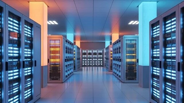 Rows of server racks in a modern data center with blue and orange ambient lighting