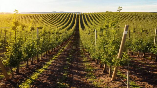 Golden hour sunlight illuminates rows of young fruit trees in a meticulously cultivated orchard stretching towards rolling hills.
