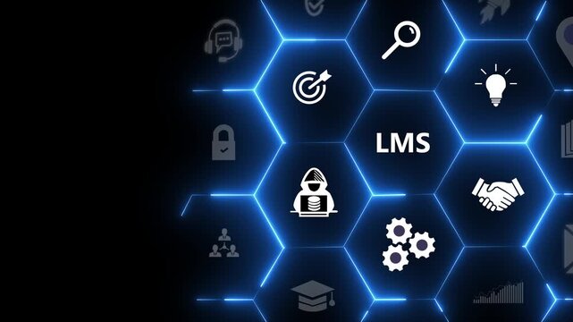 LMS Learning Management System concept. Hand holds wooden cube with LMS symbols on beautiful light background with copy space. Online business education.