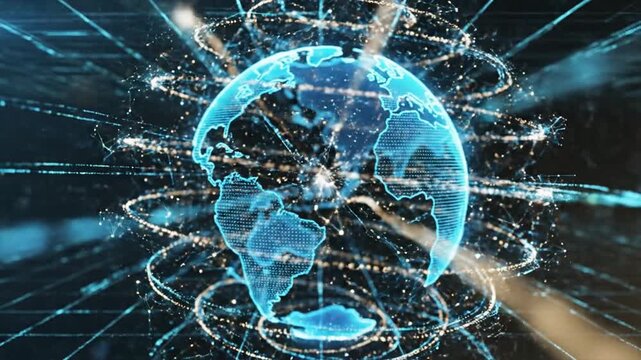 Digital illustration of a glowing blue globe surrounded by swirling lines and dots on a dark background, symbolizing global connections for World Population Day.