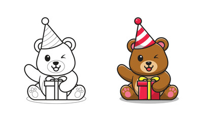 Fototapeta premium Cute bear with gift box cartoon coloring pages